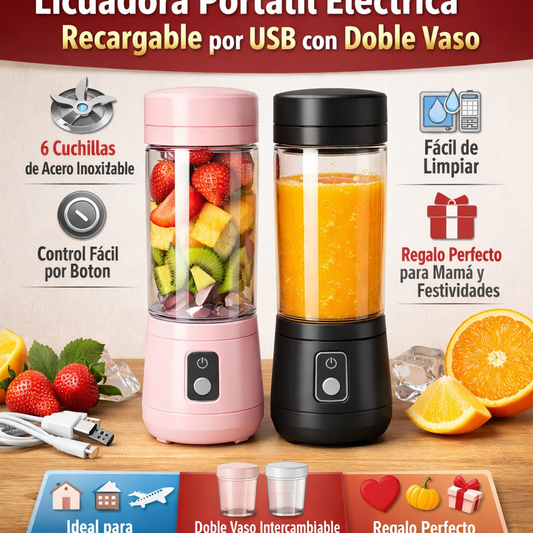 Licuadora Portátil Eléctrica USB con Doble Vaso | 6 Cuchillas de Acero |
